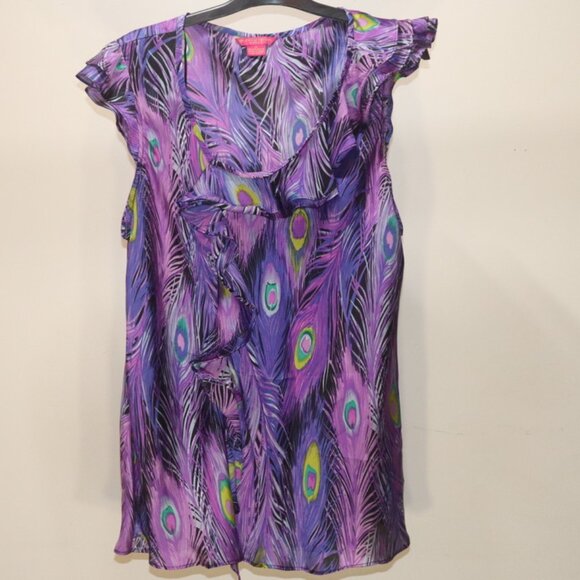 Sunny Leigh Purple Peacock Pattern Blouse, Size 1X - Picture 1 of 8